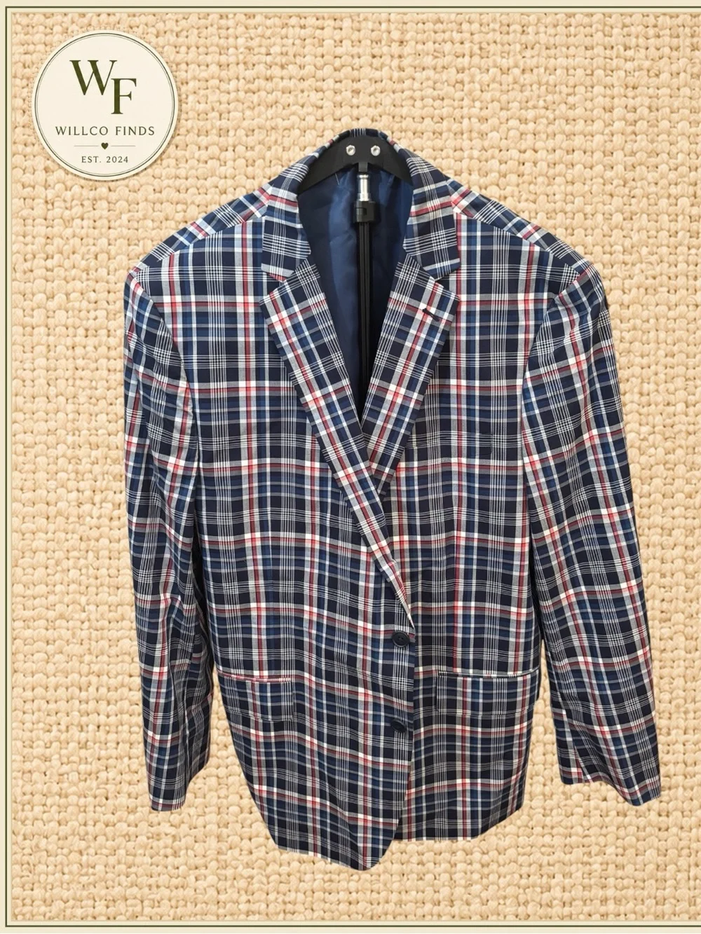 Stafford Navy Plaid Sport Coat with Red & White Accents